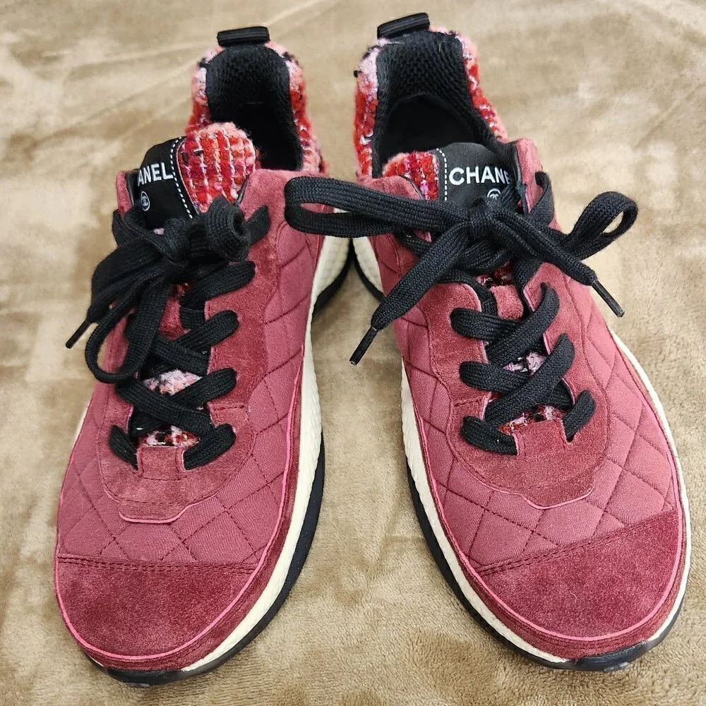Chanel Casual Fabric Tweed Suede Sneakers, Authentic
